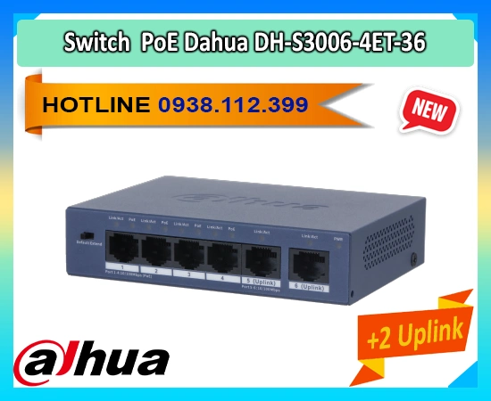 Switch 4 PoE DH-S3006-4ET-36 cung cấp khả năng cấp nguồn qua cáp mạng cho 4 camera IP, hỗ trợ mở rộng truyền dẫn lên 250m, đạt chuẩn PoE quốc tế IEEE802.3af/at, chống sét lên đến 6KV, tốc độ chuyển mạch ổn định, lý tưởng cho hệ thống camera giám sát chuyên nghiệp.
