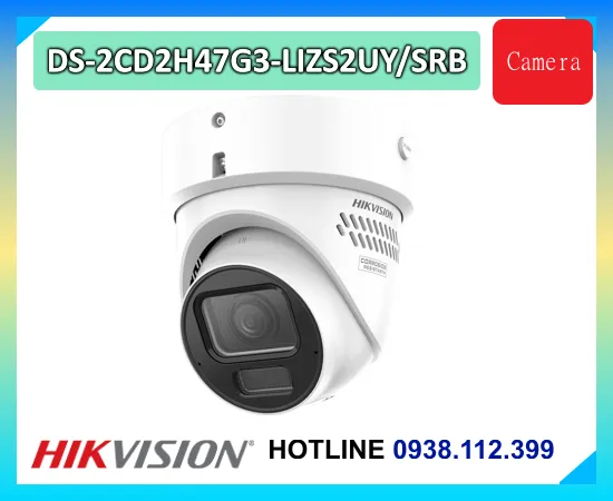  Camera DS-2CD2H47G3-LIZS2UY/SRB nổi bật với độ phân giải 4MP, ống kính zoom 2.8–12mm, ColorVu HikAI-ISP ghi hình màu 24/7, AI nhận diện người và xe, Hybrid Light, còi đèn cảnh báo, chuẩn IP67.
