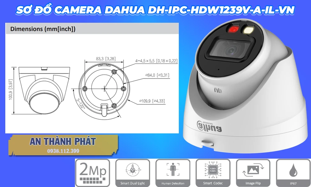 Camera IP POE DAHUA DH-IPC-HDW1239V-A-IL-VN GHI ÂM